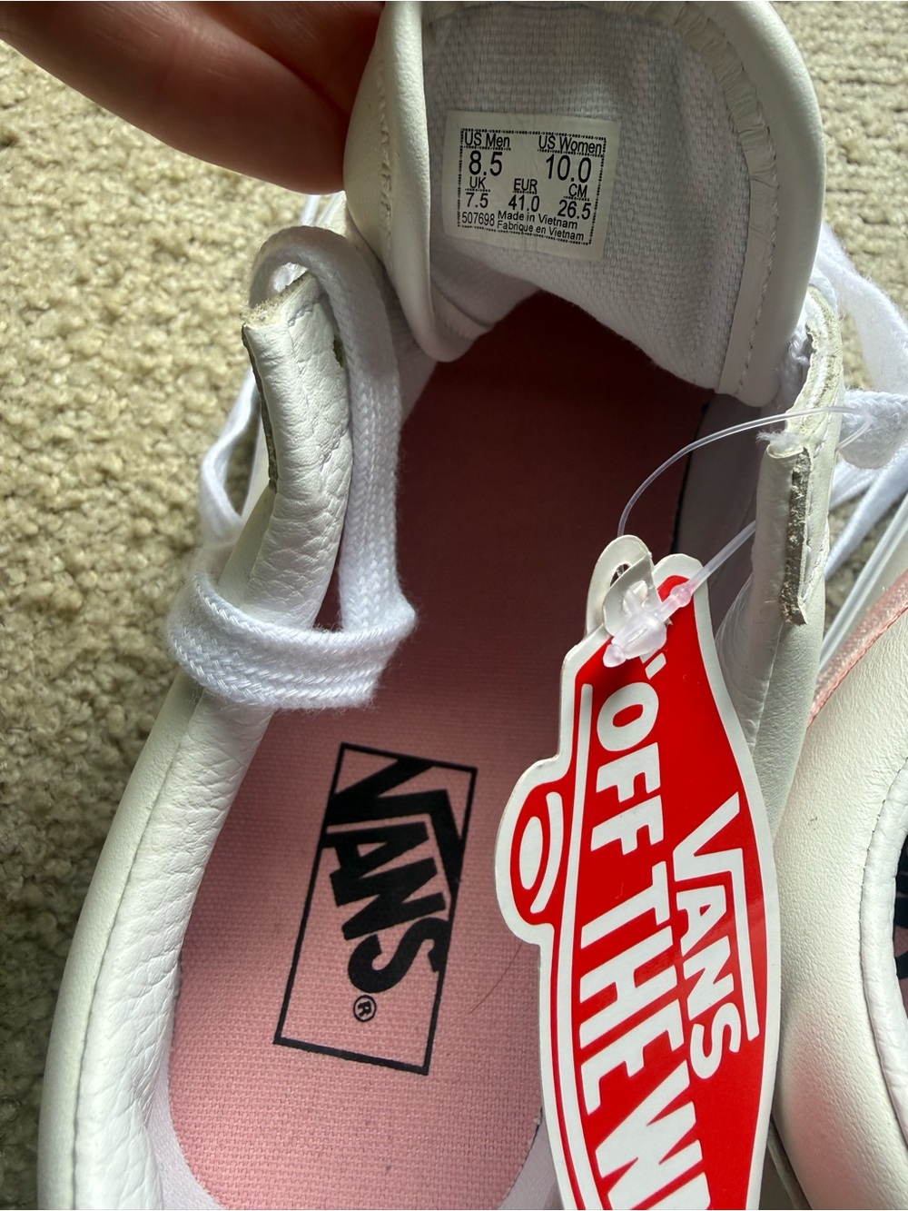 Vans Women's White Sneakers with Light Pink Side Stripe - Picture 3 of 4